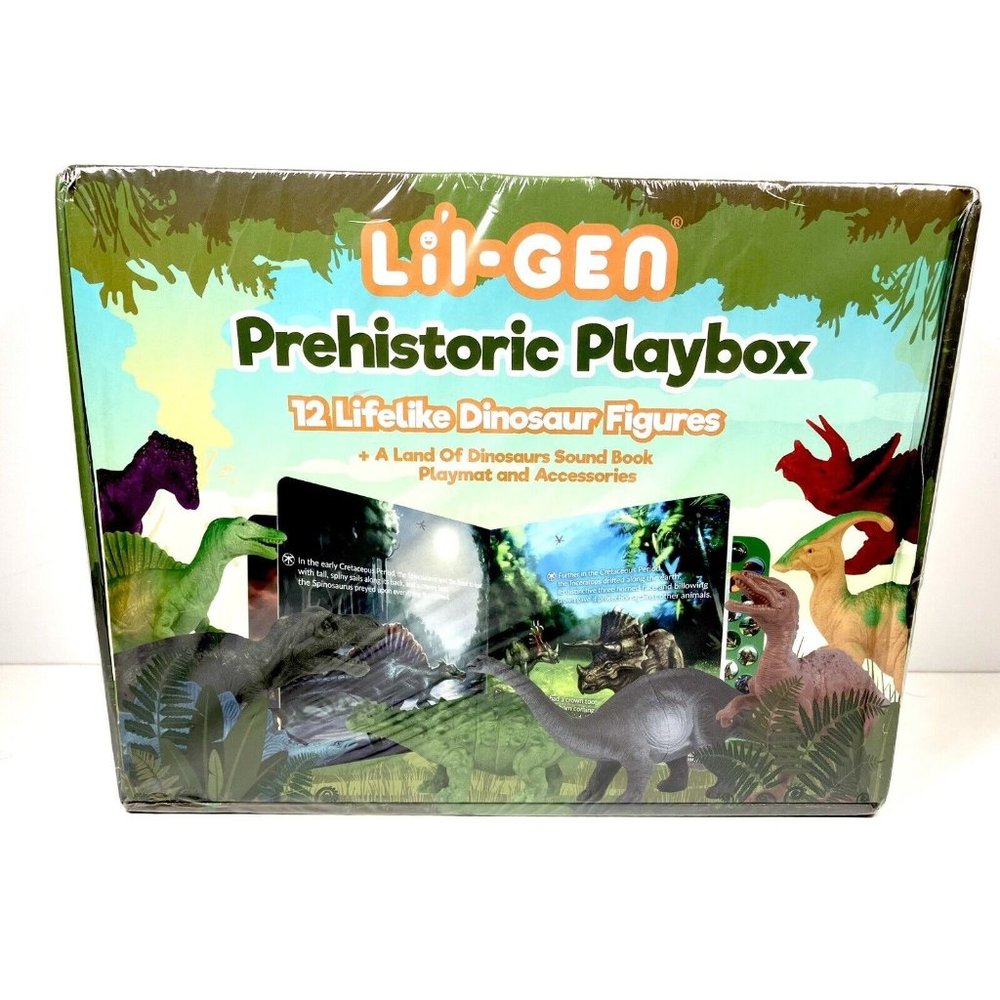 NEW! Li'l-Gen Prehistoric Play Box 12 Dinosaur Toys, Sound Book, Mat & More (3+)